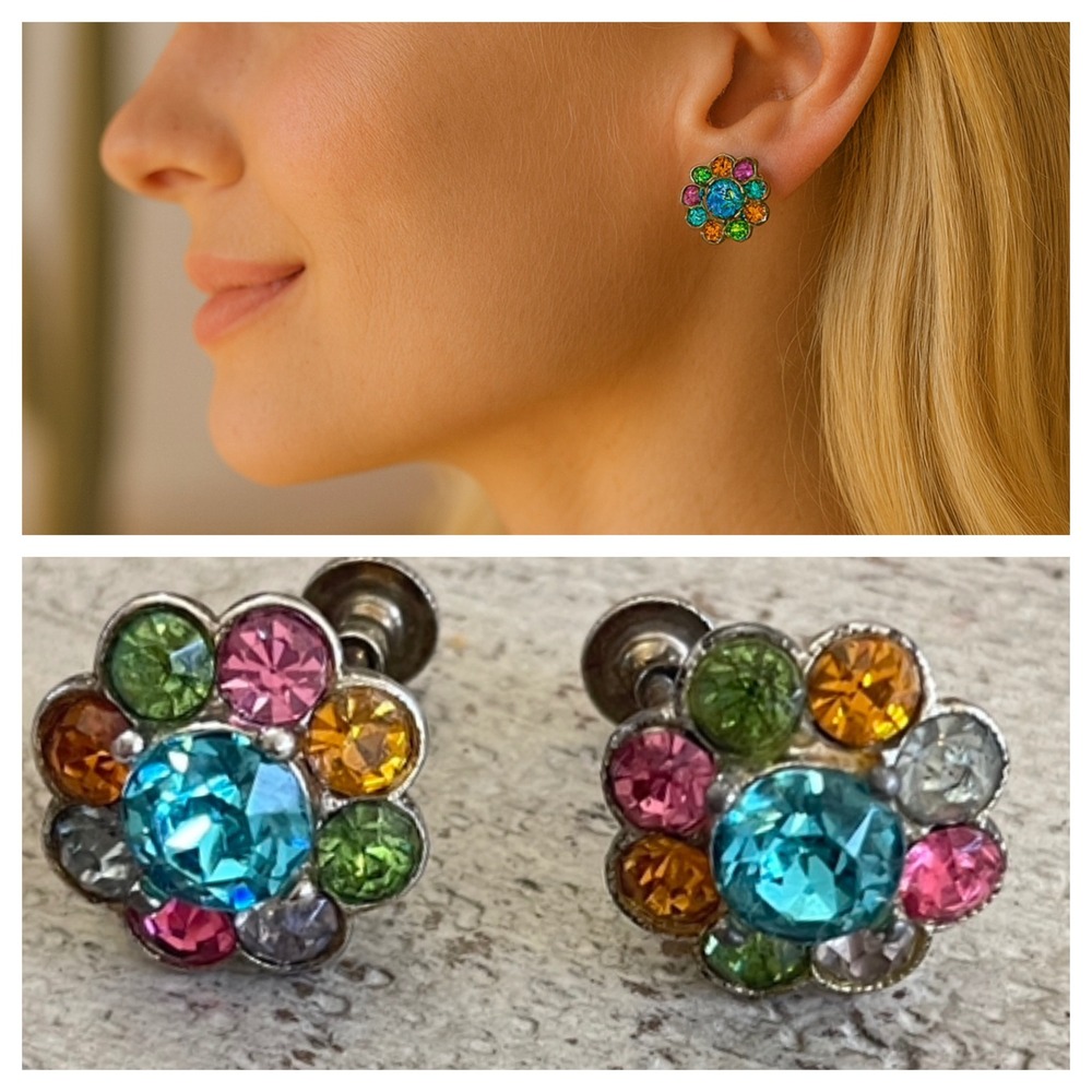 Bogoff Vintage Flower Earrings Cluster Screw Back  Multi Rhinestones Silver Tone